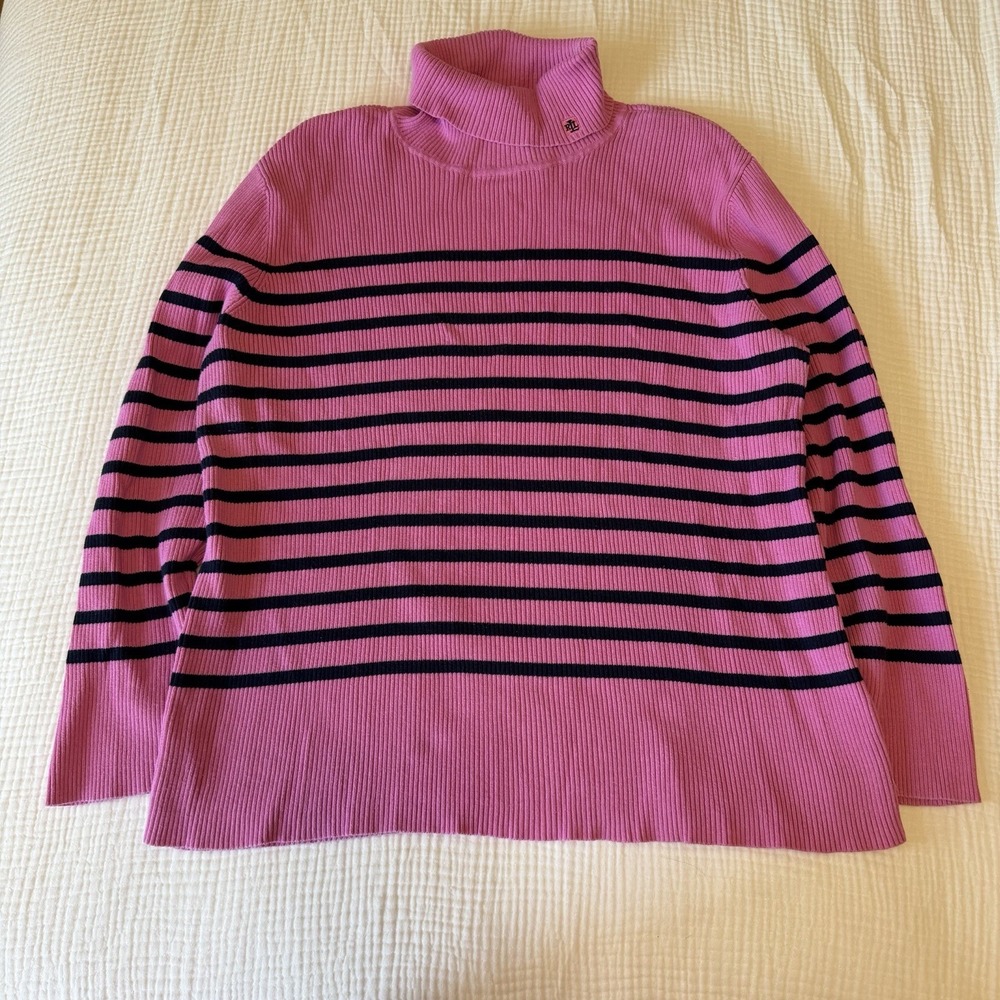 Vtg Lauren Ralph Lauren Ribbed Turtleneck Sweater Women's 3X Striped Pink Navy